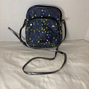 Vera Bradley “Ink Spots” Double Zip Crossbody Faux Leather Navy Blue Lime Dot